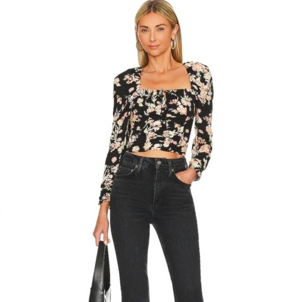 Free People Black Floral Long Sleeve Top